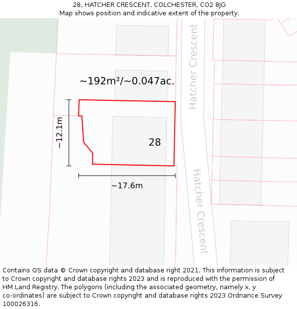 28, HATCHER CRESCENT, COLCHESTER, CO2 8JG: Plot and title map
