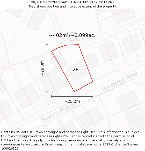 28, HAVERCROFT ROAD, HUNMANBY, FILEY, YO14 0NE: Plot and title map