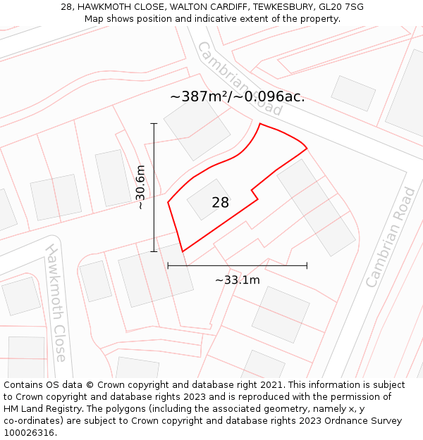 28, HAWKMOTH CLOSE, WALTON CARDIFF, TEWKESBURY, GL20 7SG: Plot and title map