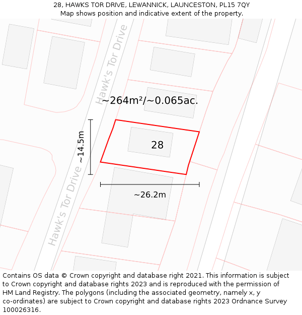 28, HAWKS TOR DRIVE, LEWANNICK, LAUNCESTON, PL15 7QY: Plot and title map