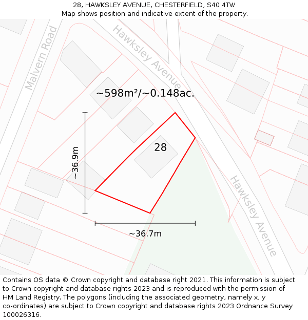 28, HAWKSLEY AVENUE, CHESTERFIELD, S40 4TW: Plot and title map