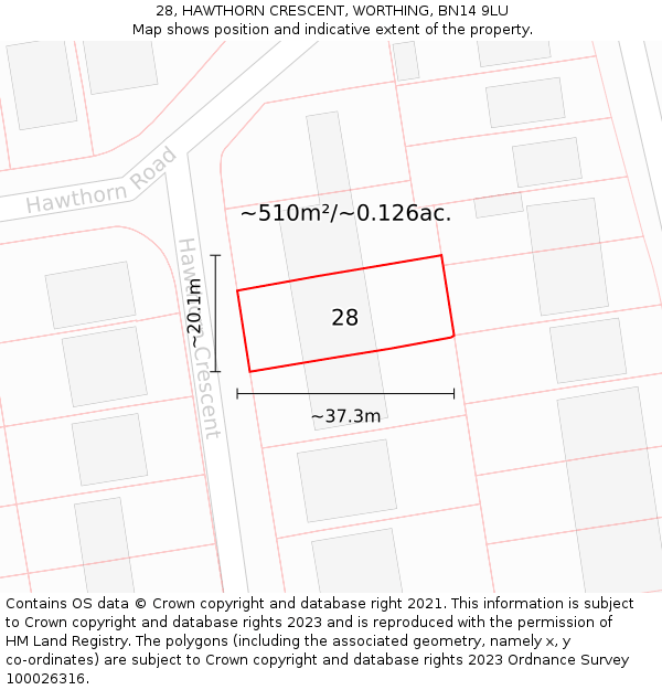 28, HAWTHORN CRESCENT, WORTHING, BN14 9LU: Plot and title map