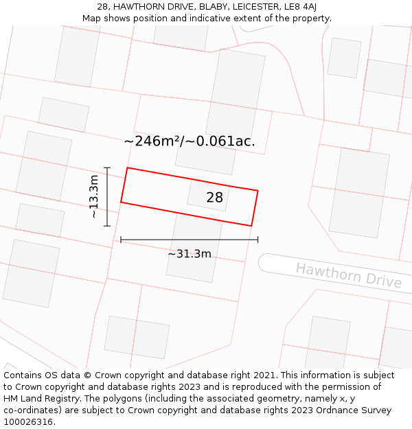 28, HAWTHORN DRIVE, BLABY, LEICESTER, LE8 4AJ: Plot and title map