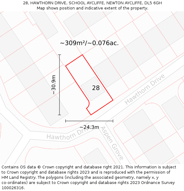 28, HAWTHORN DRIVE, SCHOOL AYCLIFFE, NEWTON AYCLIFFE, DL5 6GH: Plot and title map