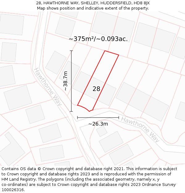 28, HAWTHORNE WAY, SHELLEY, HUDDERSFIELD, HD8 8JX: Plot and title map