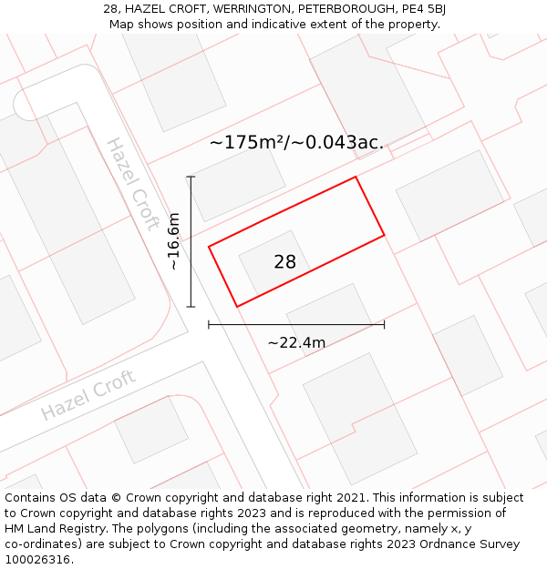 28, HAZEL CROFT, WERRINGTON, PETERBOROUGH, PE4 5BJ: Plot and title map
