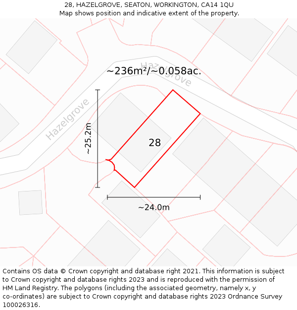 28, HAZELGROVE, SEATON, WORKINGTON, CA14 1QU: Plot and title map