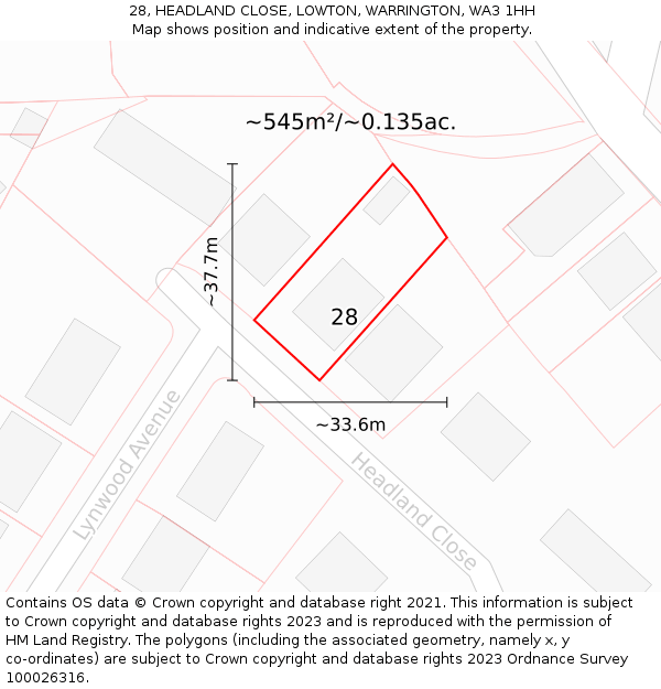 28, HEADLAND CLOSE, LOWTON, WARRINGTON, WA3 1HH: Plot and title map