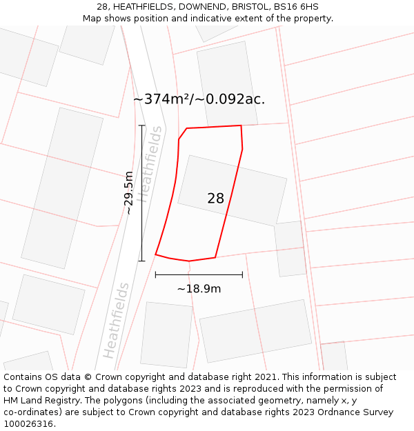 28, HEATHFIELDS, DOWNEND, BRISTOL, BS16 6HS: Plot and title map