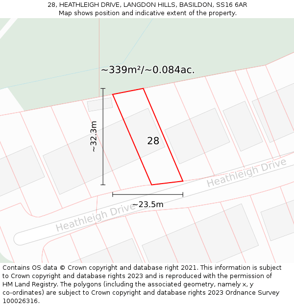 28, HEATHLEIGH DRIVE, LANGDON HILLS, BASILDON, SS16 6AR: Plot and title map