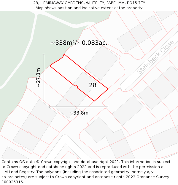 28, HEMINGWAY GARDENS, WHITELEY, FAREHAM, PO15 7EY: Plot and title map