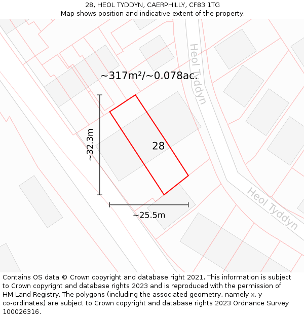 28, HEOL TYDDYN, CAERPHILLY, CF83 1TG: Plot and title map