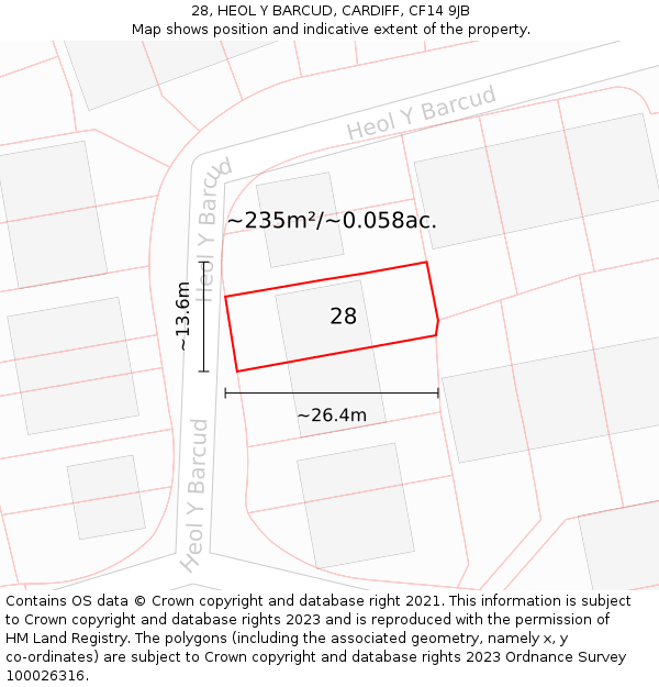 28, HEOL Y BARCUD, CARDIFF, CF14 9JB: Plot and title map