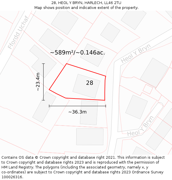 28, HEOL Y BRYN, HARLECH, LL46 2TU: Plot and title map