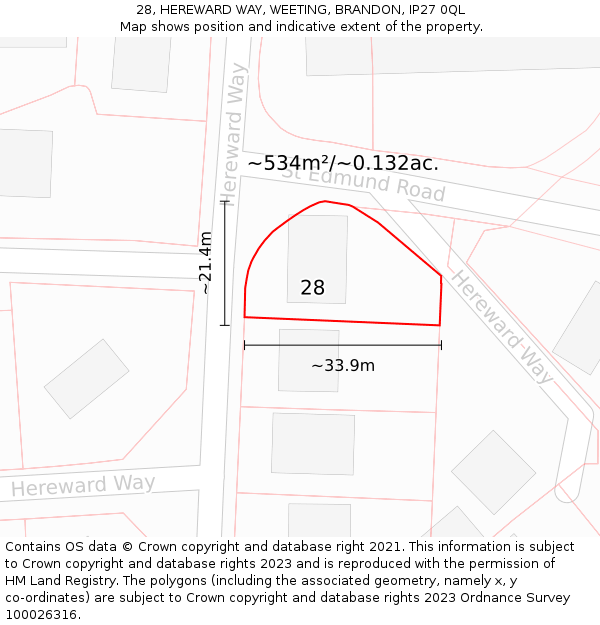 28, HEREWARD WAY, WEETING, BRANDON, IP27 0QL: Plot and title map