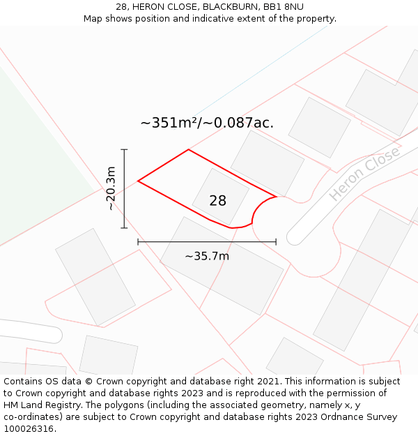 28, HERON CLOSE, BLACKBURN, BB1 8NU: Plot and title map