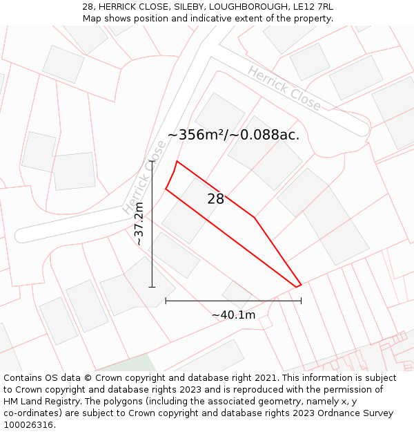 28, HERRICK CLOSE, SILEBY, LOUGHBOROUGH, LE12 7RL: Plot and title map
