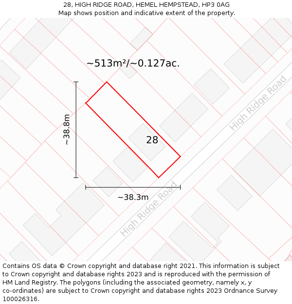28, HIGH RIDGE ROAD, HEMEL HEMPSTEAD, HP3 0AG: Plot and title map