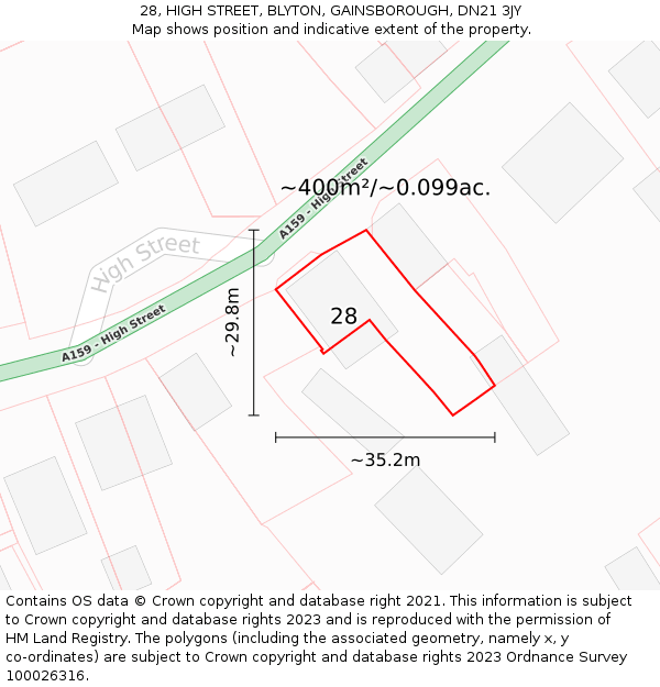 28, HIGH STREET, BLYTON, GAINSBOROUGH, DN21 3JY: Plot and title map