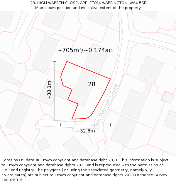 28, HIGH WARREN CLOSE, APPLETON, WARRINGTON, WA4 5SB: Plot and title map