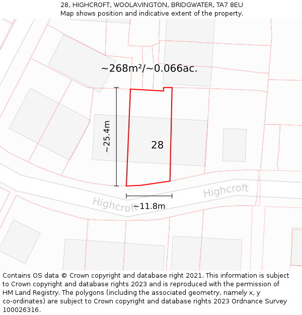 28, HIGHCROFT, WOOLAVINGTON, BRIDGWATER, TA7 8EU: Plot and title map