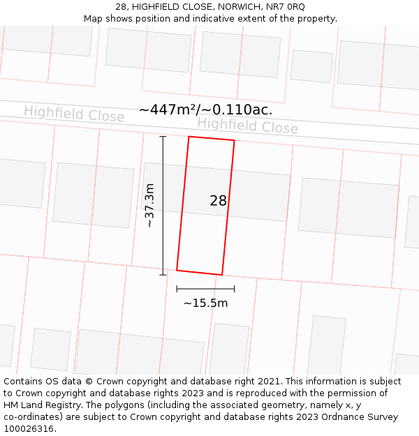 28, HIGHFIELD CLOSE, NORWICH, NR7 0RQ: Plot and title map