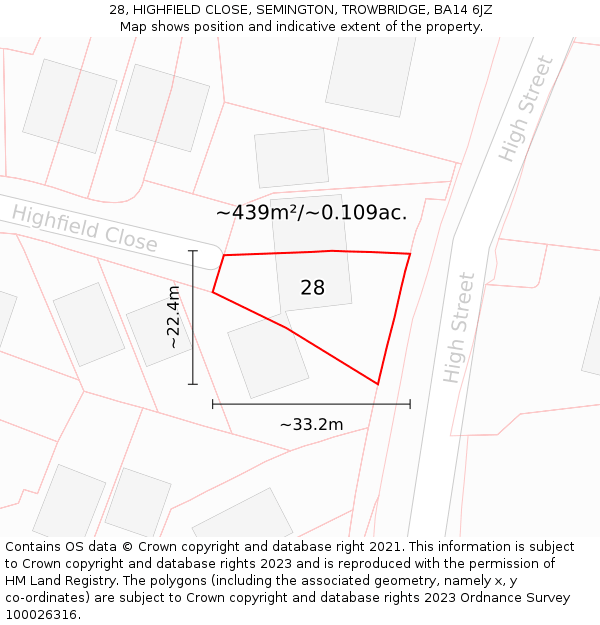 28, HIGHFIELD CLOSE, SEMINGTON, TROWBRIDGE, BA14 6JZ: Plot and title map