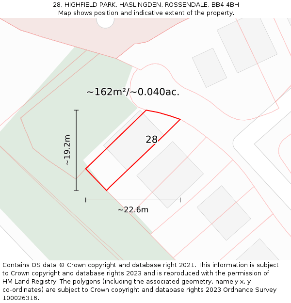 28, HIGHFIELD PARK, HASLINGDEN, ROSSENDALE, BB4 4BH: Plot and title map