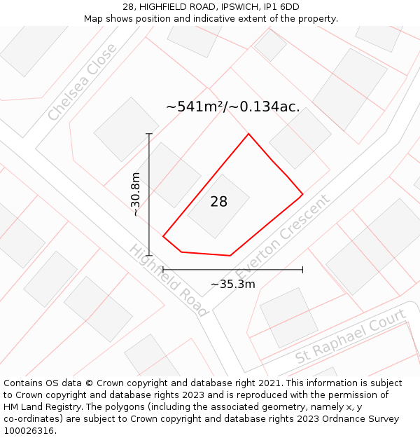 28, HIGHFIELD ROAD, IPSWICH, IP1 6DD: Plot and title map