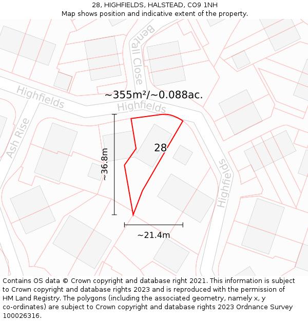 28, HIGHFIELDS, HALSTEAD, CO9 1NH: Plot and title map