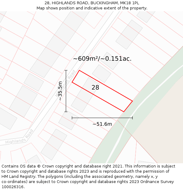 28, HIGHLANDS ROAD, BUCKINGHAM, MK18 1PL: Plot and title map