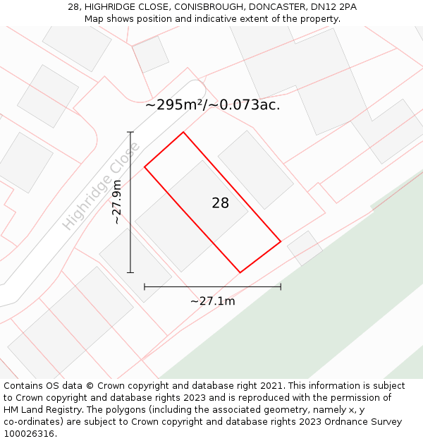 28, HIGHRIDGE CLOSE, CONISBROUGH, DONCASTER, DN12 2PA: Plot and title map