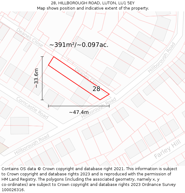 28, HILLBOROUGH ROAD, LUTON, LU1 5EY: Plot and title map