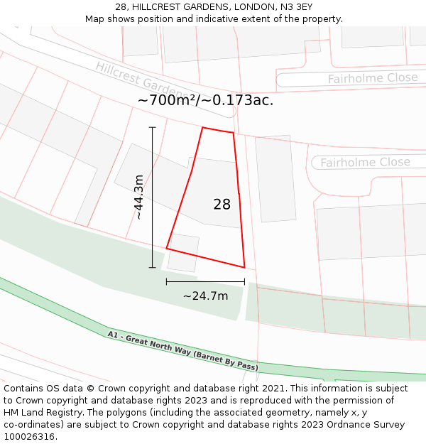 28, HILLCREST GARDENS, LONDON, N3 3EY: Plot and title map