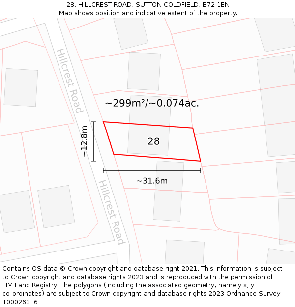28, HILLCREST ROAD, SUTTON COLDFIELD, B72 1EN: Plot and title map