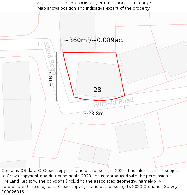 28, HILLFIELD ROAD, OUNDLE, PETERBOROUGH, PE8 4QP: Plot and title map