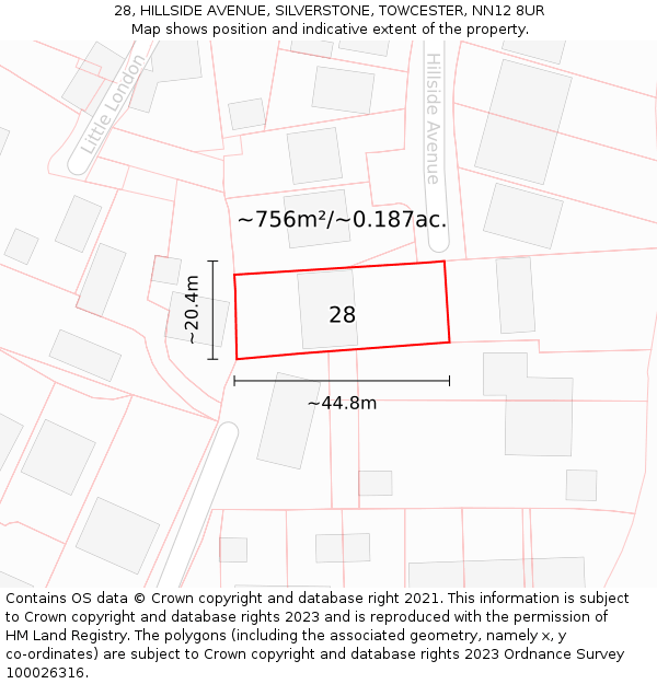 28, HILLSIDE AVENUE, SILVERSTONE, TOWCESTER, NN12 8UR: Plot and title map
