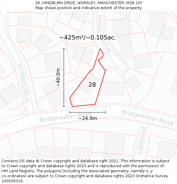 28, HINDBURN DRIVE, WORSLEY, MANCHESTER, M28 1XY: Plot and title map