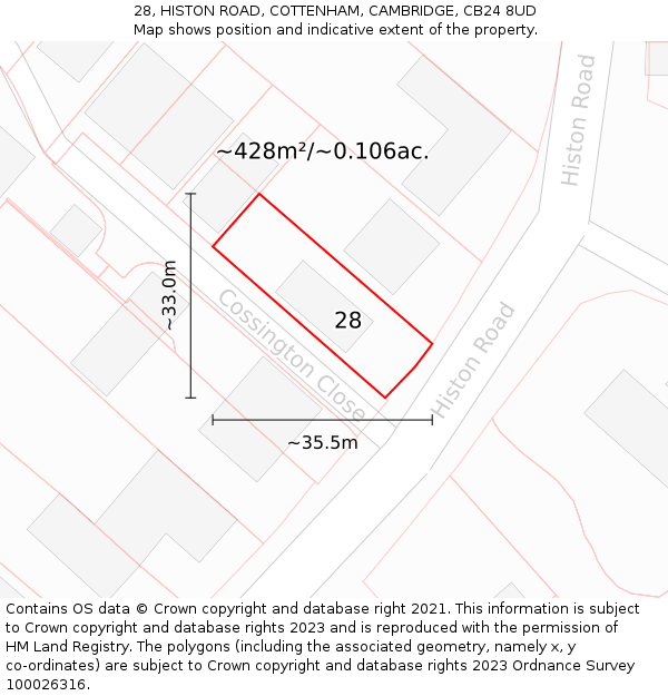 28, HISTON ROAD, COTTENHAM, CAMBRIDGE, CB24 8UD: Plot and title map