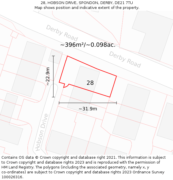 28, HOBSON DRIVE, SPONDON, DERBY, DE21 7TU: Plot and title map