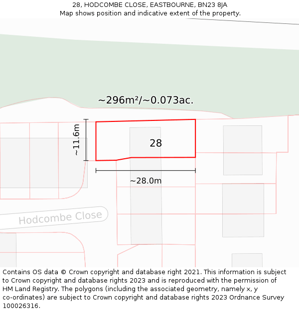28, HODCOMBE CLOSE, EASTBOURNE, BN23 8JA: Plot and title map