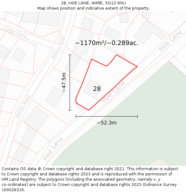 28, HOE LANE, WARE, SG12 9NU: Plot and title map