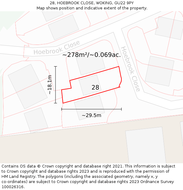 28, HOEBROOK CLOSE, WOKING, GU22 9PY: Plot and title map