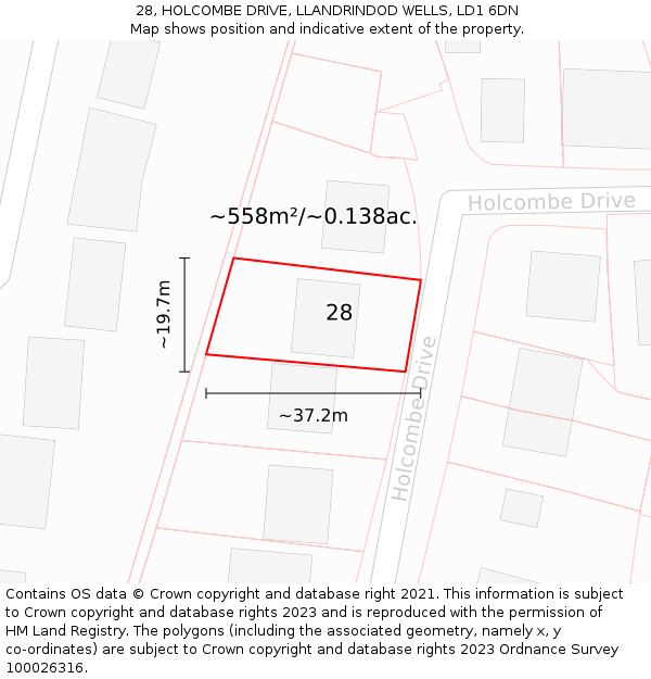 28, HOLCOMBE DRIVE, LLANDRINDOD WELLS, LD1 6DN: Plot and title map