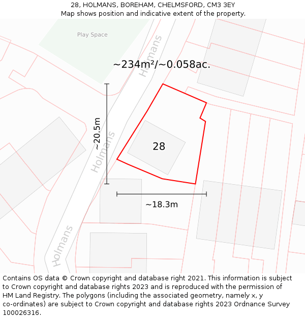 28, HOLMANS, BOREHAM, CHELMSFORD, CM3 3EY: Plot and title map
