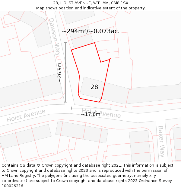 28, HOLST AVENUE, WITHAM, CM8 1SX: Plot and title map