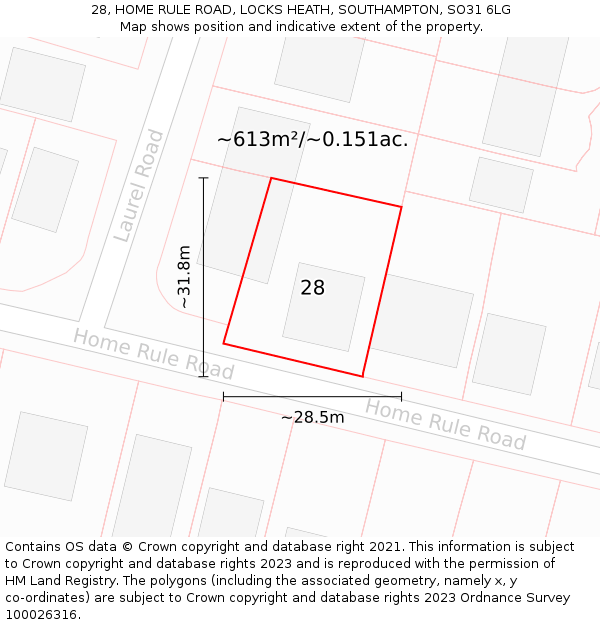 28, HOME RULE ROAD, LOCKS HEATH, SOUTHAMPTON, SO31 6LG: Plot and title map