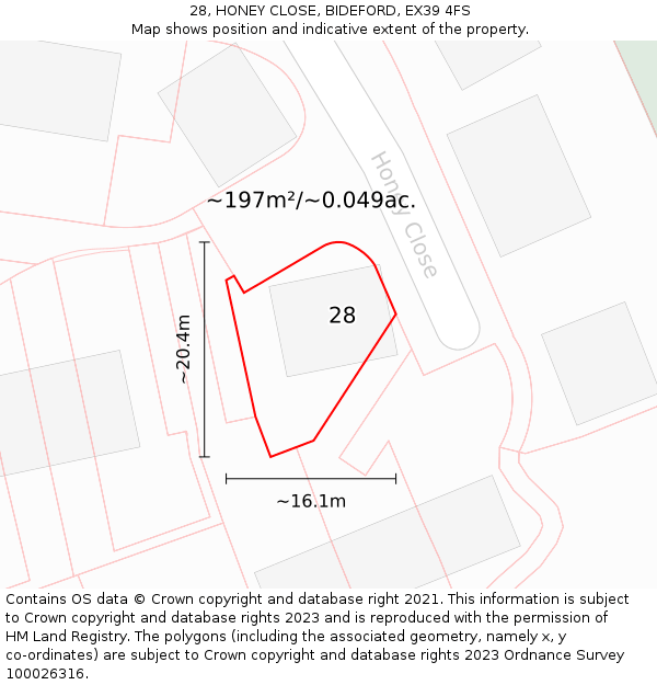 28, HONEY CLOSE, BIDEFORD, EX39 4FS: Plot and title map