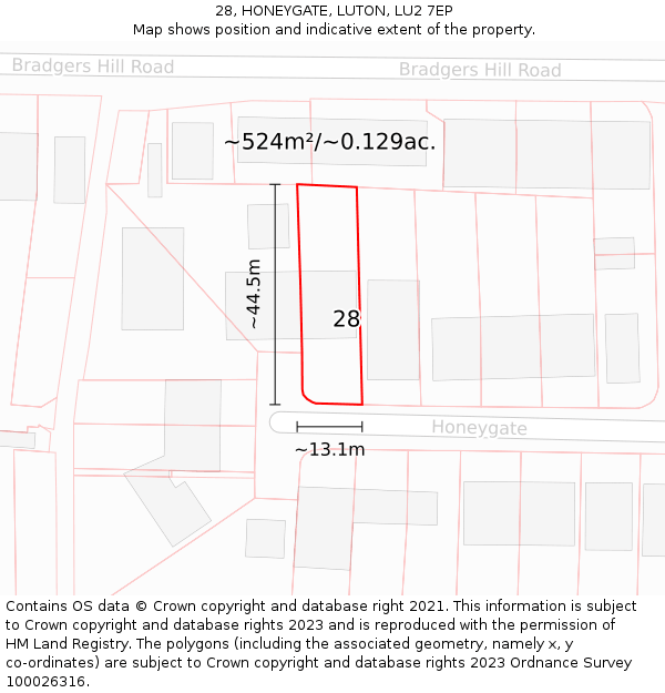 28, HONEYGATE, LUTON, LU2 7EP: Plot and title map