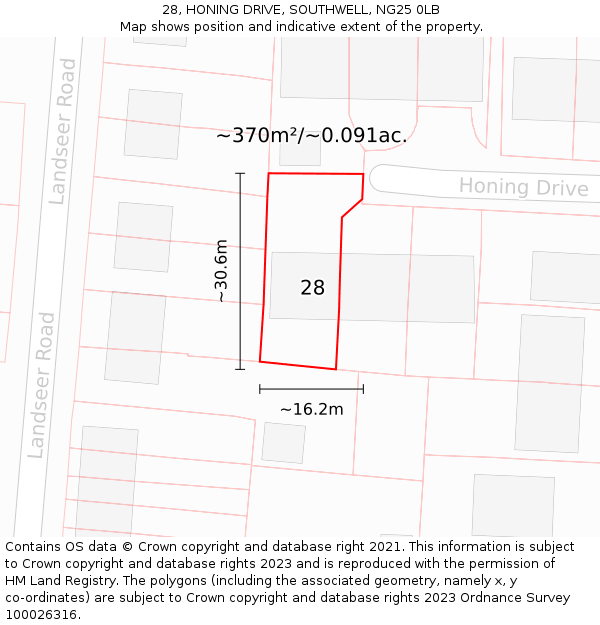 28, HONING DRIVE, SOUTHWELL, NG25 0LB: Plot and title map